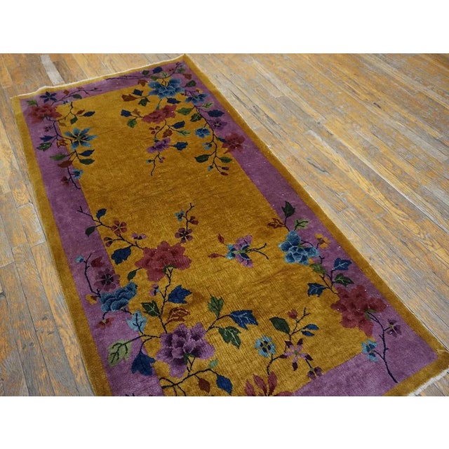 Art Deco 1920s Yellow Purple Floral Antique Chinese Art Deco Carpet 3'1" X 5'10" Knotted Wool Rug For Sale - Image 3 of 11