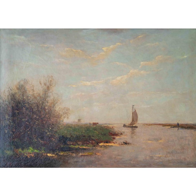 Large Dutch Hague School Windmill Landscape Oil Painting with Polder Lake & Sailboat by Victor Bauffe, Circa 1900, Framed For Sale - Image 4 of 18