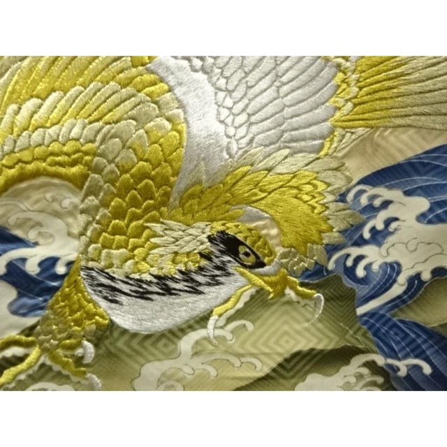 Gold Mid Century Japanese Kimono Silk Boys Antique Hand Embroidery Navy Eagle Falcon Bird Kyoto Obi Sash Gold Foil For Sale - Image 8 of 16