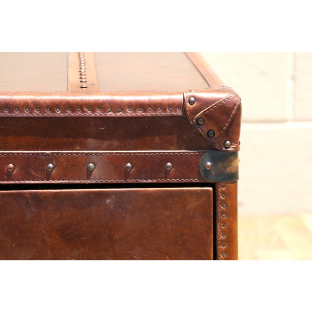 Restoration Hardware Vintage Leather Trunk Coffee Table | Campaign Style Storage Chest Cocktail Table For Sale - Image 12 of 18