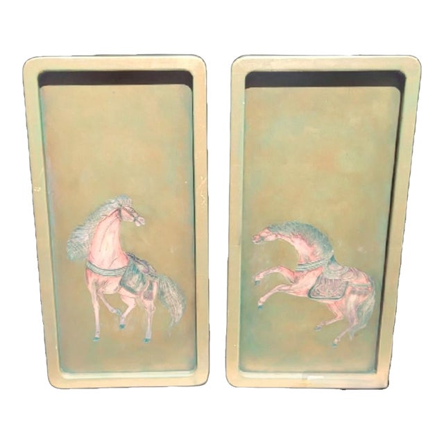 Vintage Wood Pale Gold Pink Green Carved Horse Wall Art- a Pair For Sale