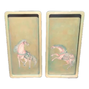 Vintage Wood Pale Gold Pink Green Carved Horse Wall Art- a Pair