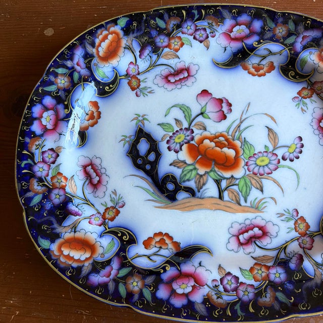 Antique English Ironstone Imari Platter, “Smyrna” Pattern, Hand-Painted, 17" A large English ironstone platter in the...