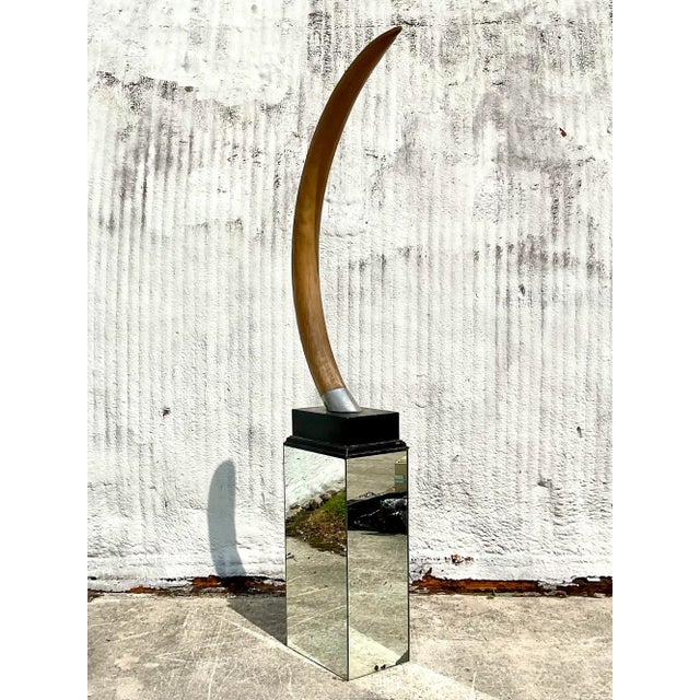 Metal Vintage Sculptural Faux Tusk on Mirrored Pedestal For Sale - Image 7 of 12