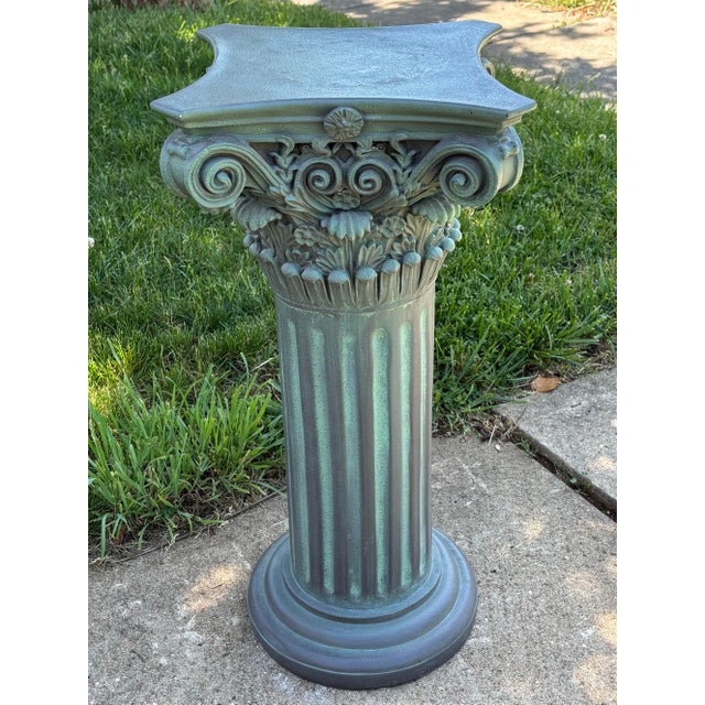 1990s Neoclassical Revival reside column pedestal with a verdigris-look. Excellent stand for displaying your fern or bust....