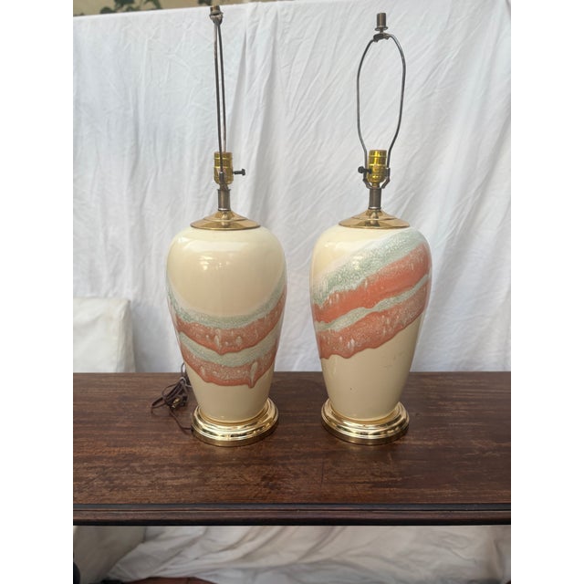 1980s Postmodern Ceramic Pastel Drip Glaze Table Lamps - A Pair For Sale - Image 4 of 12