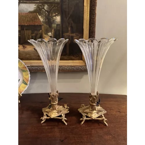 19th century French ormolu cornucopia shaped pair of footed tazzas. Louis XVI style Each tazza or “vase” is raised on a...