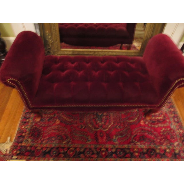 Textile Vintage Queen Ann Ottoman Red Velvet Tufted Entryway / End of Bed Couch Settee For Sale - Image 7 of 10