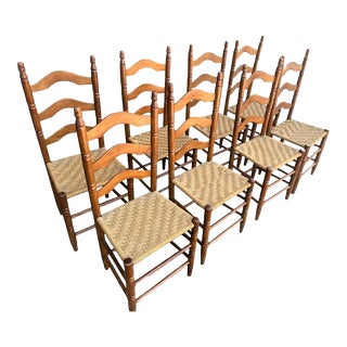 Set of 8 Vintage Walnut Ladder Back and Woven Rope Dining Chairs For Sale