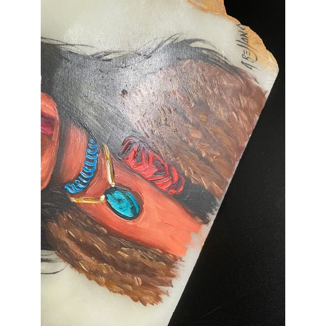 Stone Native Indian Chief Portrait Oil Painting on Marble Slab #1 For Sale - Image 7 of 12