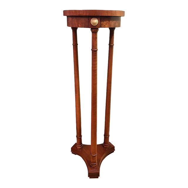 Vintage Neoclassical Burl Veneer & Brass Three-Column Plant Stand or Pedestal For Sale