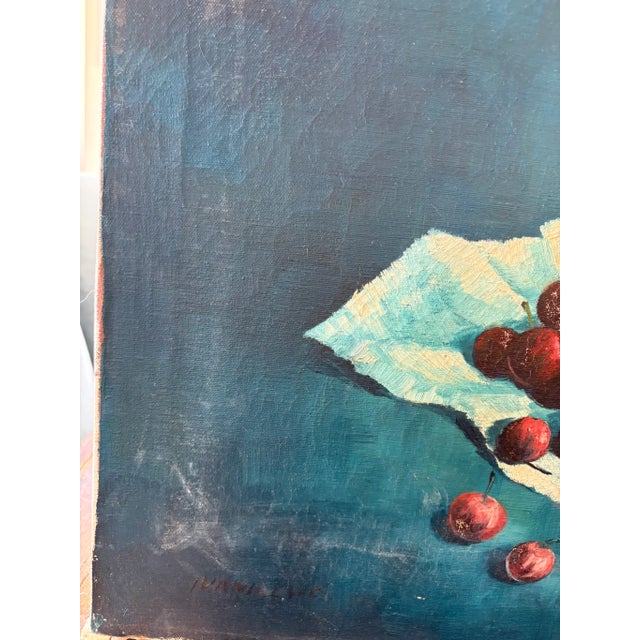 Textile Vintage Still Life Oil Painting With Cherries Blue Signed Ivanisevic For Sale - Image 7 of 12