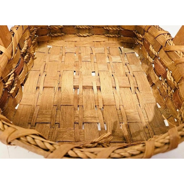 Vintage Handmade Woven Natural Wood Basket With Handle 12.25" X 10.75" For Sale - Image 4 of 9