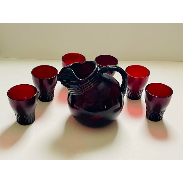 1940s Anchor Hocking “Royal Ruby” Pitcher & Juice Glasses - 7 Pieces For Sale In Jacksonville, FL - Image 6 of 12