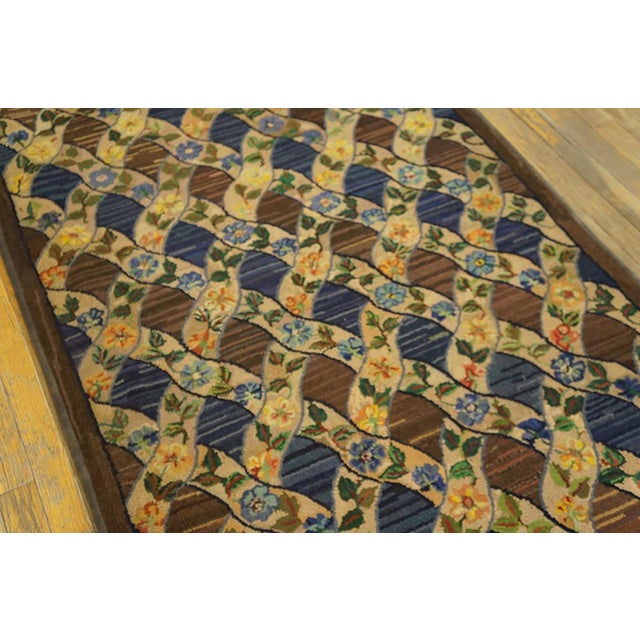 American 1930s Brown Diamond Floral Antique American Hooked Rug 3' 6" X 6' 4" Handknotted Wool Carpet For Sale - Image 3 of 6