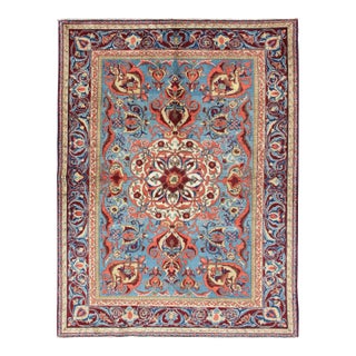 Antique Sivas Fine Rug With Blue Background Wine Border and Intricate Design For Sale