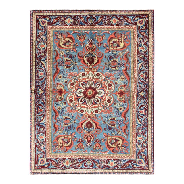 Antique Sivas Fine Rug With Blue Background Wine Border and Intricate Design For Sale