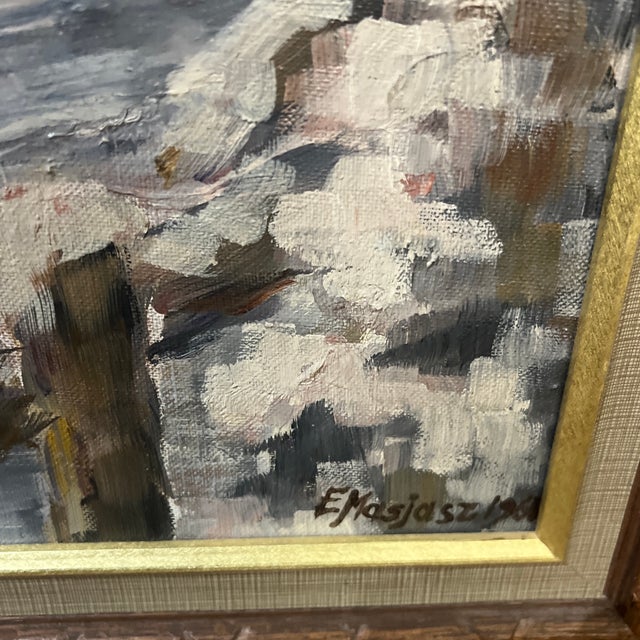 Blue 20th Century European School Oil on Canvas by Polish Artist Edward Mesjasz (1929-2007) Depicting Winter Horses Hauling Woods For Sale - Image 8 of 12
