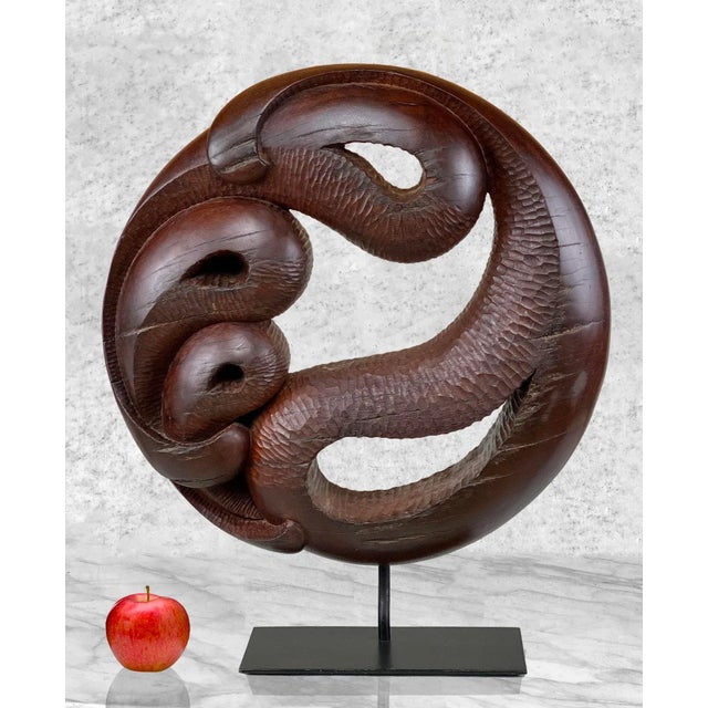 Vintage Asian Abstract Carved Rosewood Round Sculpture, c. 20th Century - Pairs Nicely with Many Eclectic Interior Styles...