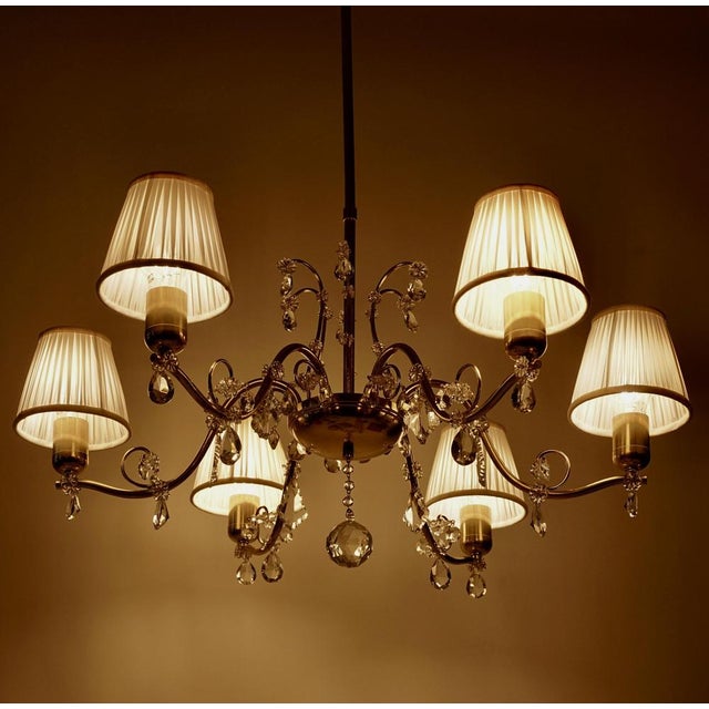 Brass 6-Arm Chandelier with Cream Silk Shades, Austria, 1940s For Sale - Image 10 of 14