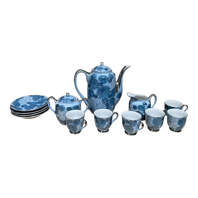 1960s Meito Japan Blue Floral Porcelain Tea Set For Sale