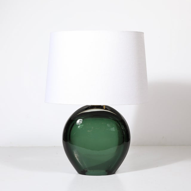 Modernist Handblown Smoked Viridian Green Murano Glass & Brass Table Lamps For Sale - Image 4 of 12