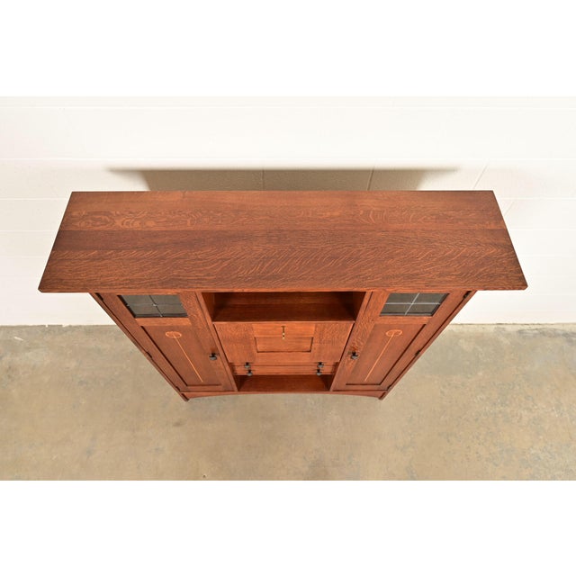 Stickley Harvey Ellis Collection Arts & Crafts Inlaid Oak and Leaded Glass Bookcase With Drop Front Secretary Desk For Sale - Image 15 of 18