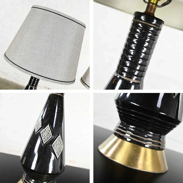 Black Mid-Century Modern Lamps Black Ceramic With Harlequin Style Diamond Design and Gray Shades For Sale - Image 8 of 13