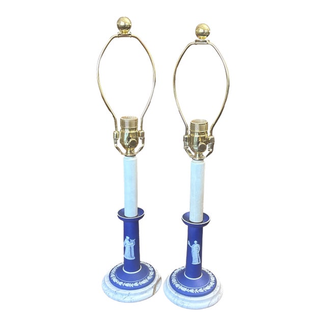 1970s Wedgwood Blue Candlestick Lamps - a Pair For Sale