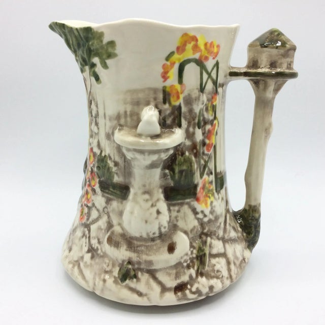 Majolica Garden Scene Jug Pitcher by Flora & Fauna Staffordshire Style England For Sale - Image 11 of 12