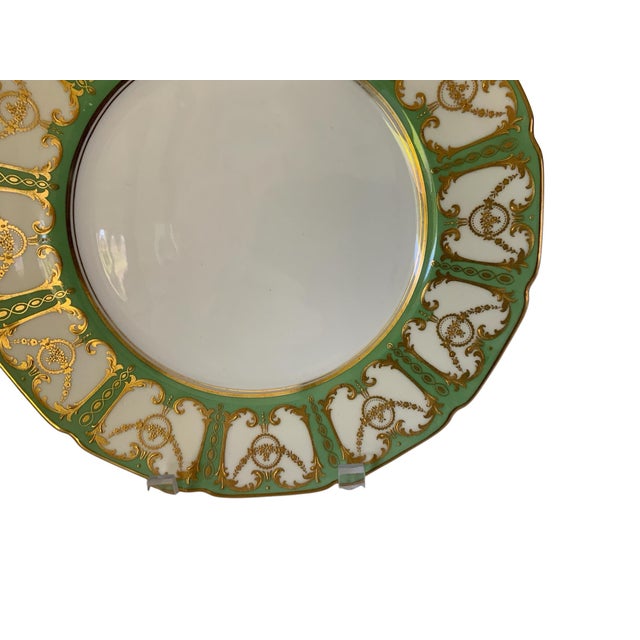 Ceramic Antique Royal Doulton Robert Allen Dinner Plates Mint Green Gold Gilt 10” Set of 12 (Dated 1916/1925) For Sale - Image 7 of 12