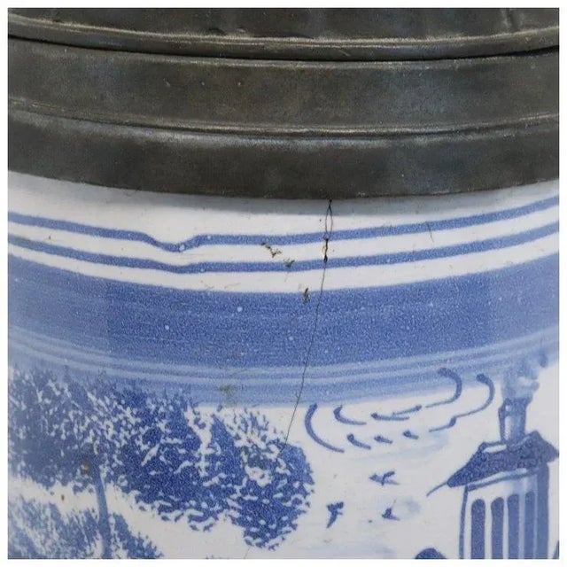 German Bayreuth Faience Pottery Pewter Mounted Blue and White Tankard For Sale - Image 4 of 13