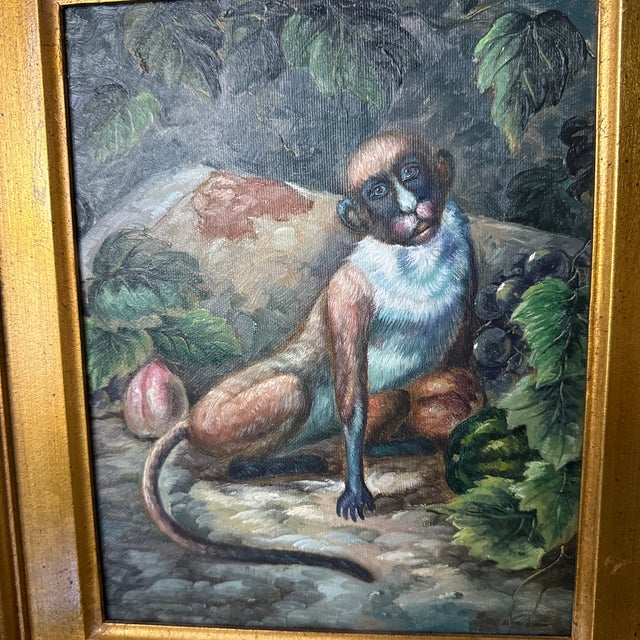 1970s Vintage Oil on Canvas Monkey Painting ~Framed For Sale - Image 10 of 11
