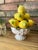 A bright yellow 11" tall ceramic Majolica Lemon Topiary sitting in a stunning pedestal bowl. Circa Mid 20th Century....