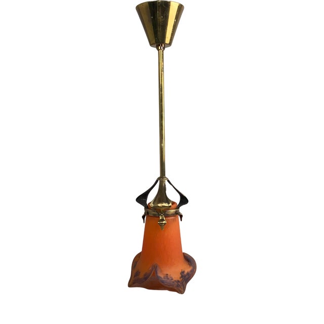 Jugendstil Hanging Lamp with Orange Lampshade from Muller Fréres, 1890s For Sale