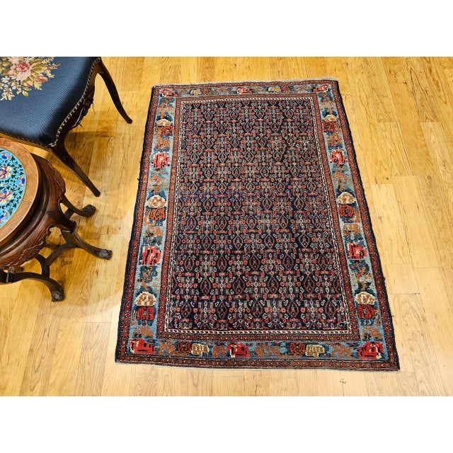 Antique Persian Senneh Area Rug, Hand-Knotted Wool, Herati Pattern & Gol Farang Border, Navy & Light Blue, 4x5 For Sale - Image 10 of 18