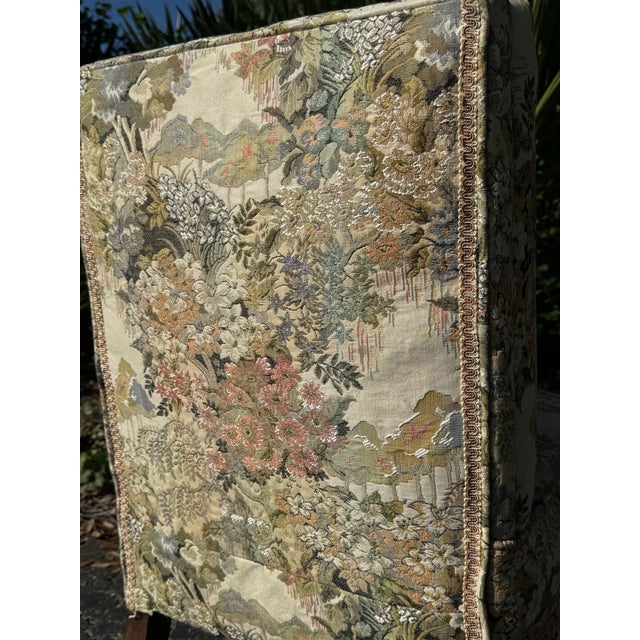 Vintage Floral Upholstered Slipper Chair | Armless Accent Chair With Carved Wood Legs For Sale - Image 9 of 11