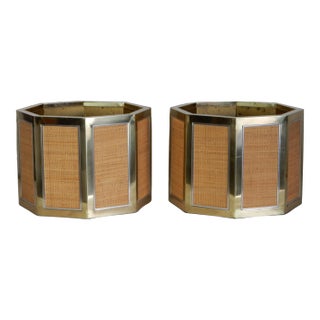 Romeo Rega for Mario Sabot Brass & Cane Wicker Octagon Planter Pots - Set of 2 For Sale