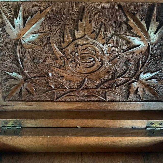 19th Century Antique Kashmiri Hand-Carved Monogrammed Walnut Box With Original Key For Sale - Image 11 of 18