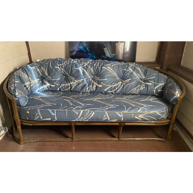 Blue Mid 20th Century McGuire Style Rattan Bamboo Style Sofa Rattan For Sale - Image 8 of 8