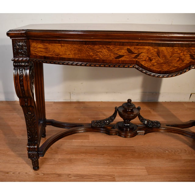 1900s Antique French Louis XVI Walnut & Satinwood Inlay Console Table For Sale - Image 4 of 18