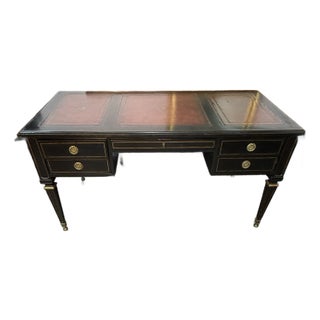 1990s Lillian August for Hickory White Ebonized Leather Top Desk With Pull-Out Slides For Sale