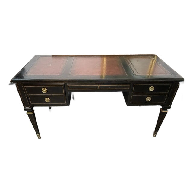 1990s Lillian August for Hickory White Ebonized Leather Top Desk With Pull-Out Slides For Sale