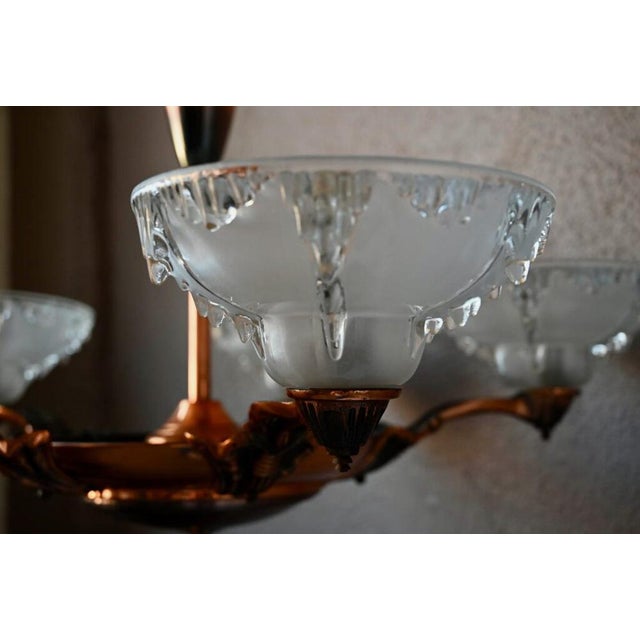 Large Art Deco Chandelier in Gilded Metal and Sandblasted Glass Ezan, France, 1930s For Sale - Image 6 of 18