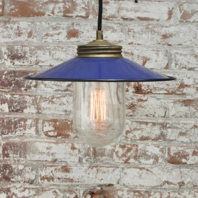 Vintage Blue Enamel, Brass and Clear Glass Pendant Light For Sale - Image 4 of 6