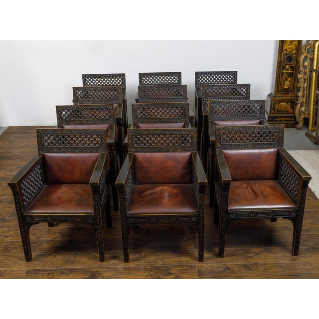 Early 20th Century Set of 12 Moroccan Ebonized Carved Wood Armchairs with Leather Seats, circa 1900 For Sale - Image 5 of 12