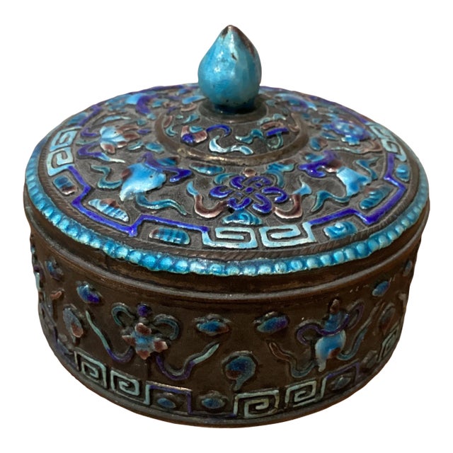 Vintage Chinese Silver on Cooper Multicolored Enameled Asian Motifs Box China For Sale