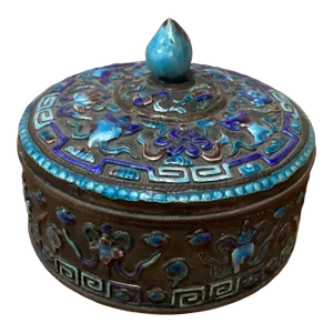 Vintage Chinese Silver on Cooper Multicolored Enameled Asian Motifs Box China