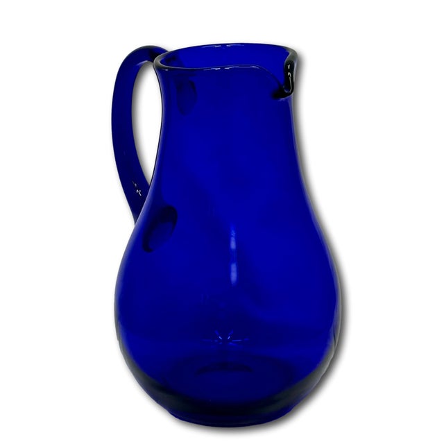 Stunning Vintage Retro Art Deco Deep Cobalt Blue Hand Blown Art Glass Pitcher - Circa Mid 20th Century For Sale - Image 16 of 18