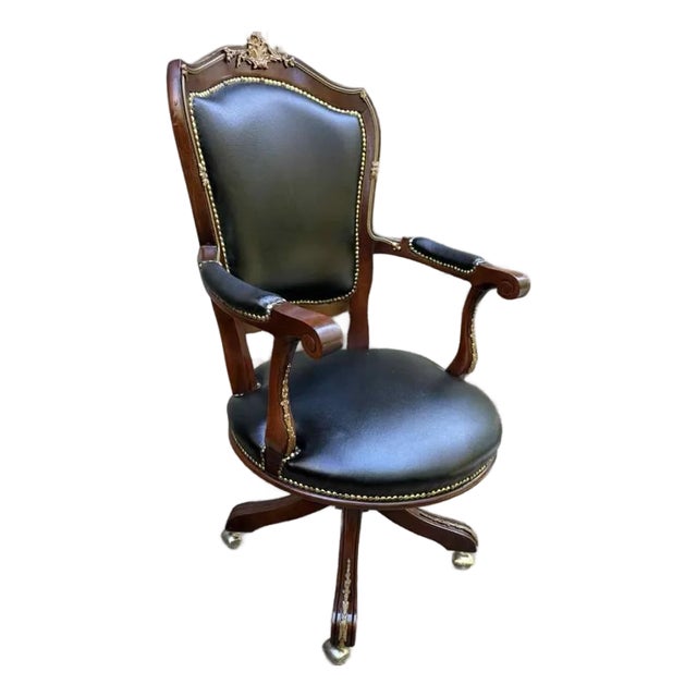 20th Century Vintage French Louis XV Style Brass Nail Studded Upholstered Vinyl Executive Office Chair For Sale